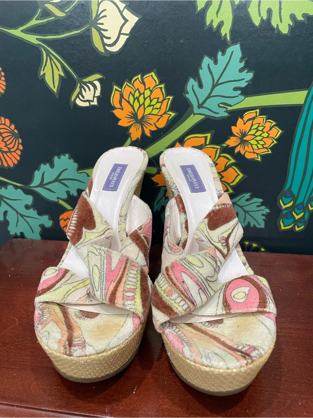 Emilio Pucci Velvet Print Wedge Mule Slides Size 39 Made in Italy